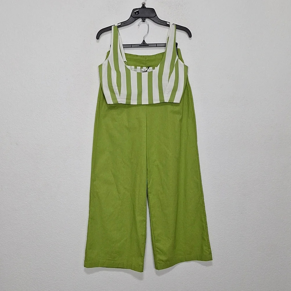 Hunter & Brown "NEW" Green White Boho Crop Top & Wide Leg Pants 2 Piece Set Sz S